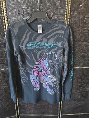 Ed Hardy Black Long Sleeve Tee with Turquoise Logo and Multicolor Tiger